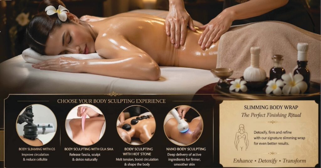 Summer body sculpting promotion at Chi Wa Siam Day Spa offering 20% off manual, Gua Sha, hot stone, nano, and G5 body contouring treatments in Central Hong Kong.