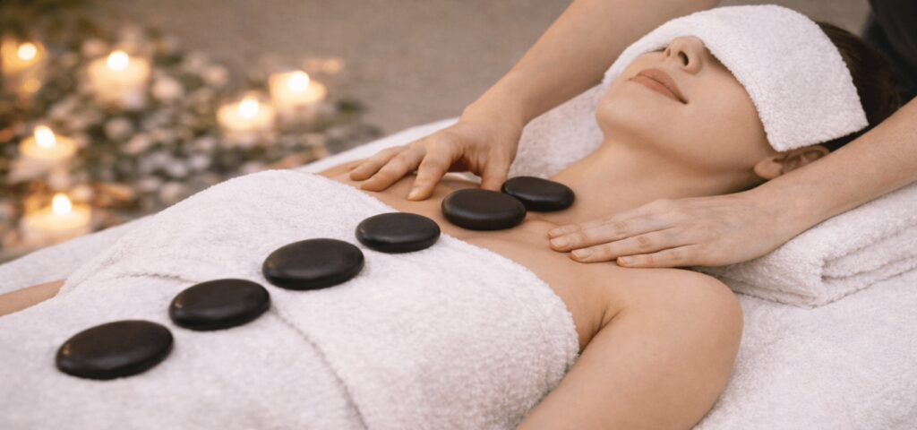 Heated basalt stones placed on the body during a hot stone therapy massage to relax muscles and improve circulation.
