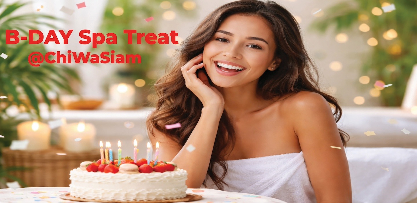 Smiling woman with birthday cake in a clean white spa setting promoting B-Day Spa Treat 50% discount at Chi Wa Siam Day Spa