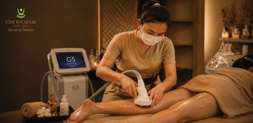 G5 body slimming therapy treatment at Chi Wa Siam Day Spa in Central Hong Kong using rhythmic vibration massage to stimulate circulation, reduce cellulite appearance, and support lymphatic drainage.