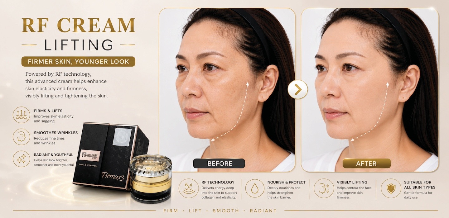 Side-by-side comparison of face before and after RF skin treatment showing smoother jawline and reduced skin laxity.