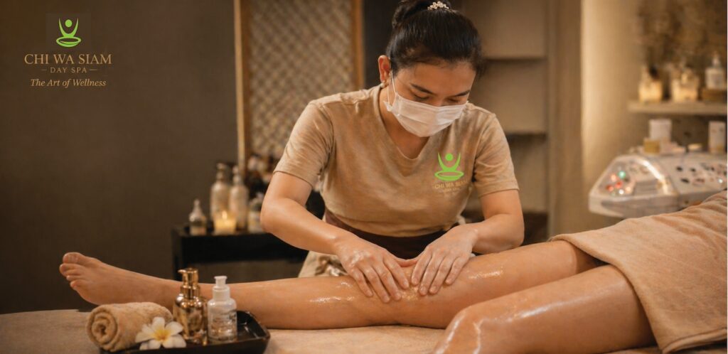 Manual slimming massage treatment at Chi Wa Siam Day Spa in Hong Kong using sculpting techniques to support circulation and lymphatic drainage.