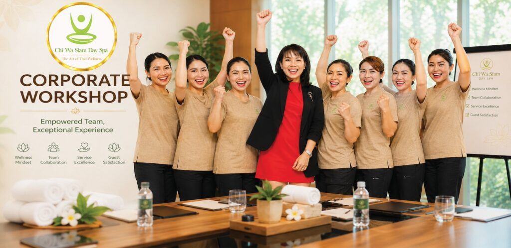 Corporate wellness workshop at Chi Wa Siam Day Spa in Central Hong Kong featuring stress relief, massage techniques, and employee wellbeing training in a luxury spa environment.