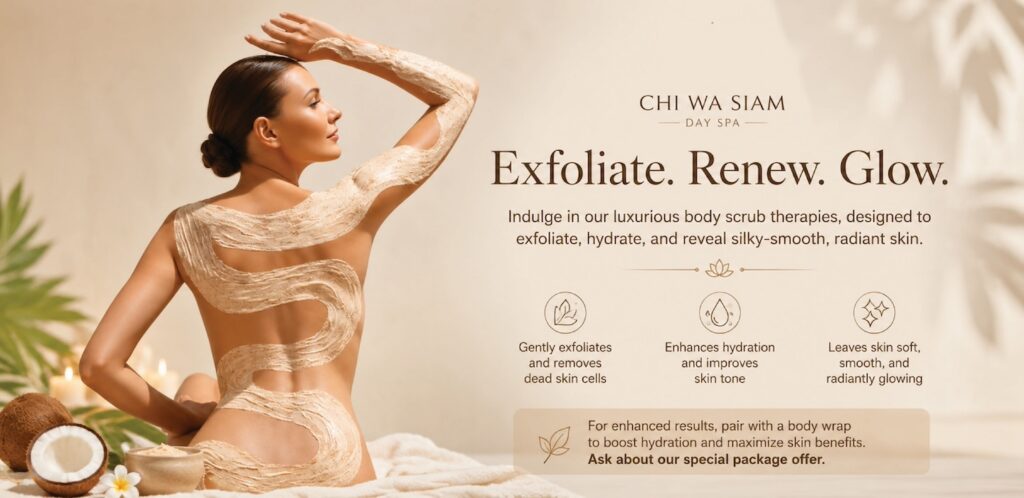 Luxury spa body scrub therapy featuring a woman with golden exfoliating treatment applied to her skin, promoting smooth, radiant, and rejuvenated skin in a relaxing wellness setting.