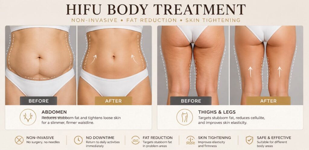 Before and after comparison of body contour following High-Intensity Focused Ultrasound (HIFU) treatment, showing tighter and smoother skin appearance in the after image.