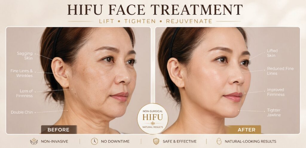 Before and after comparison of a person’s face showing changes following high-intensity focused ultrasound (HIFU) treatment, with a firmer and more lifted appearance in the after image.
