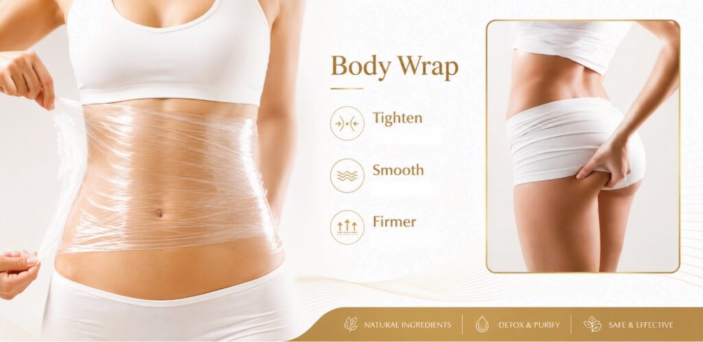 Spa body wrap treatment featuring nourishing coconut, herbal clay, and slimming therapies designed to hydrate, detoxify, and rejuvenate the skin while promoting deep relaxation.