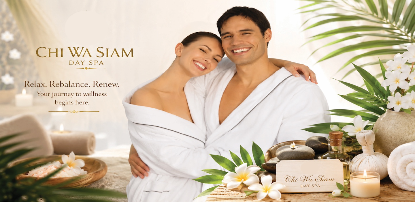 Couple enjoying a luxury spa experience at Chi Wa Siam Day Spa in Central, Hong Kong, surrounded by relaxing wellness and tropical spa elements.